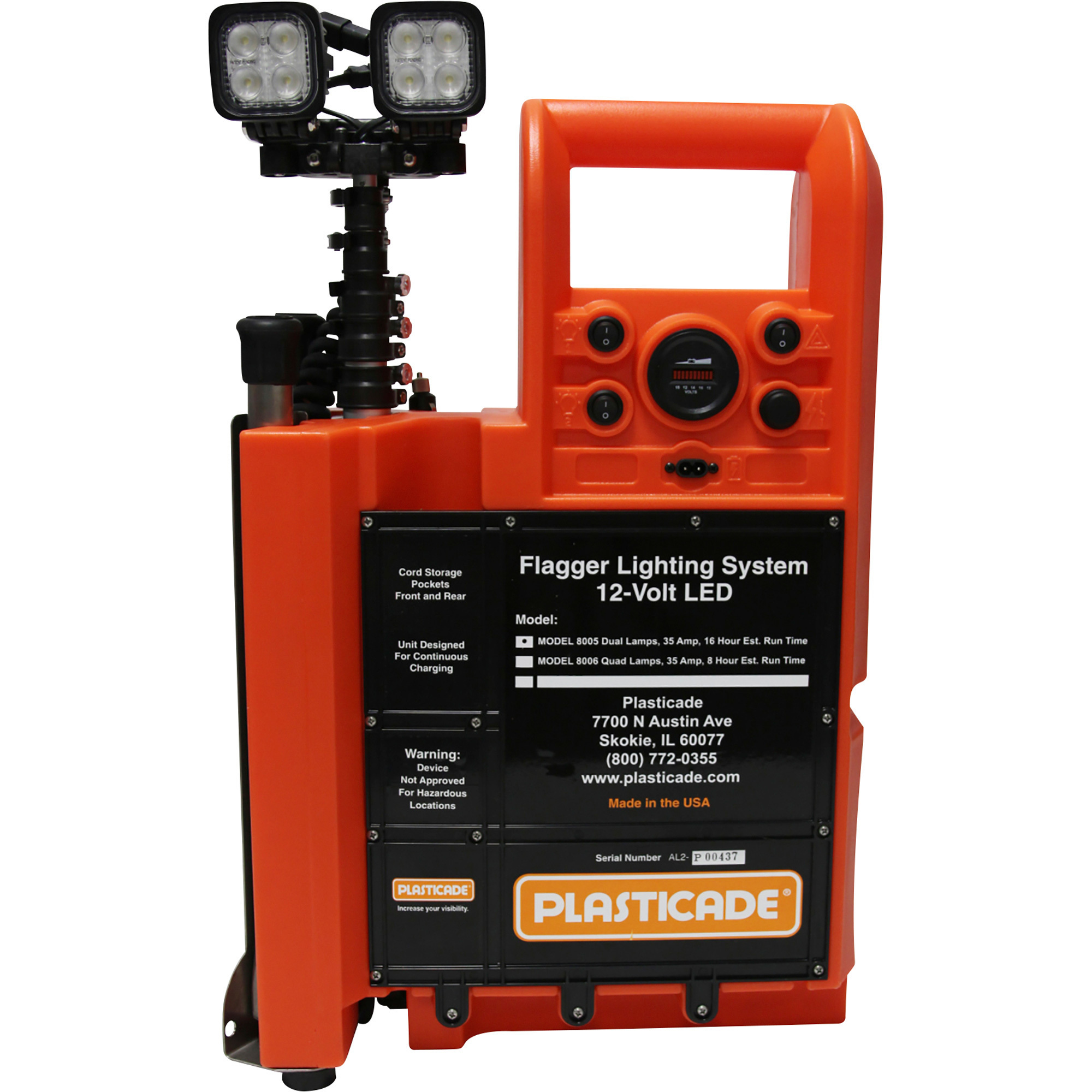 Plasticade Portable Flagger Station, 110 Volt, 2 Bulbs, 26in.L x 8in.W x 17in.H, Model# 8005